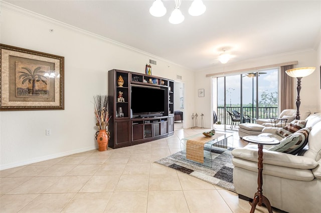 living area featuring light tile patterned floors, visible vents, baseboards, and crown molding