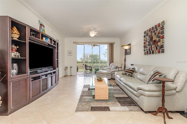 living room with light tile patterned floors, a ceiling fan, and crown molding