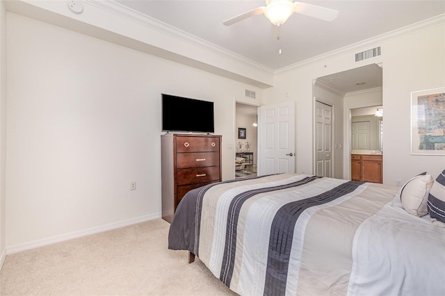 bedroom featuring baseboards, visible vents, ornamental molding, and light colored carpet