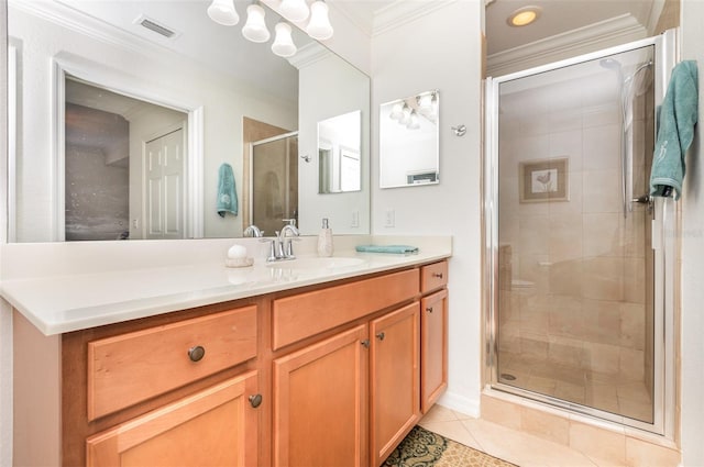 full bath featuring visible vents, tile patterned flooring, crown molding, vanity, and a shower stall