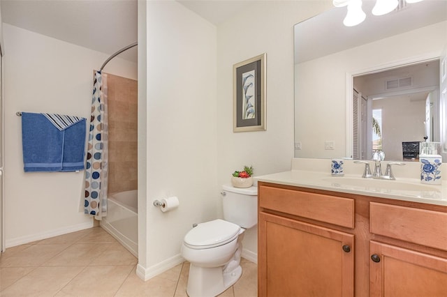 full bathroom with tile patterned flooring, toilet, visible vents, vanity, and shower / bath combination with curtain