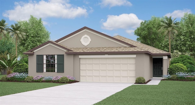 single story home with a front yard, driveway, an attached garage, and stucco siding