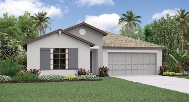 single story home with stucco siding, a shingled roof, a garage, driveway, and a front lawn