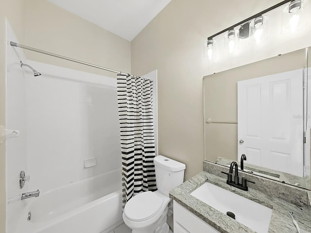 bathroom featuring shower / bath combination with curtain, vanity, and toilet