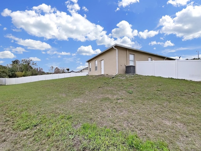 exterior space with a fenced backyard, a yard, and stucco siding