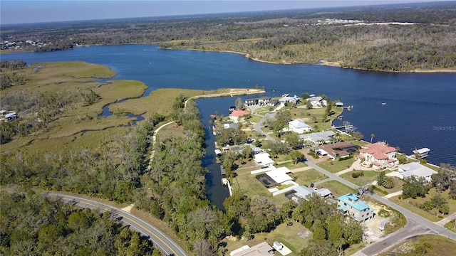 drone / aerial view with a water view, a residential view, and a wooded view