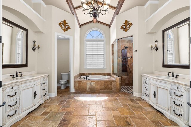 bathroom featuring a stall shower, lofted ceiling, a sink, and stone tile floors