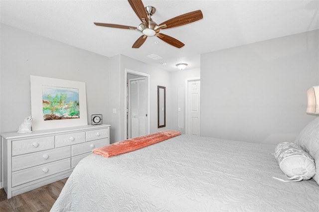 bedroom featuring ceiling fan and wood finished floors