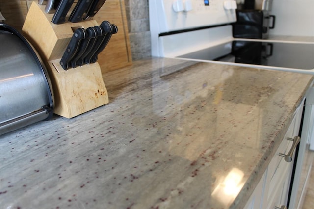 details with electric range and light stone countertops