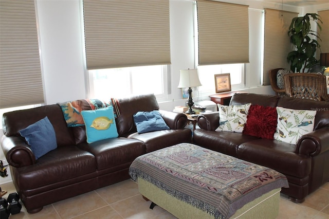 living area featuring light tile patterned flooring