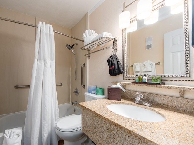 full bathroom featuring toilet, visible vents, shower / bath combination with curtain, and vanity