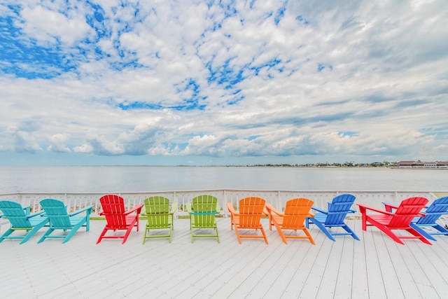 view of patio with a water view