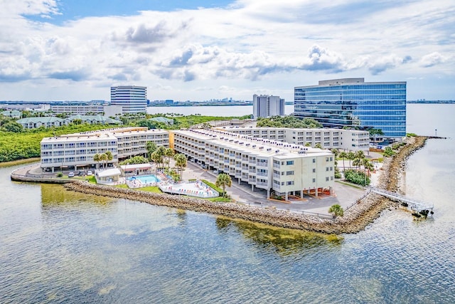 aerial view featuring a water view and a city view