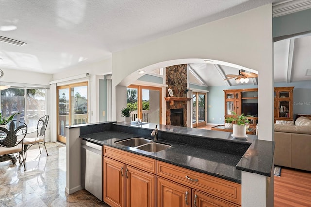 kitchen with open floor plan, stainless steel dishwasher, a sink, and lofted ceiling