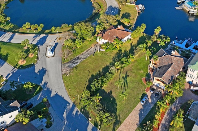 bird's eye view with a water view