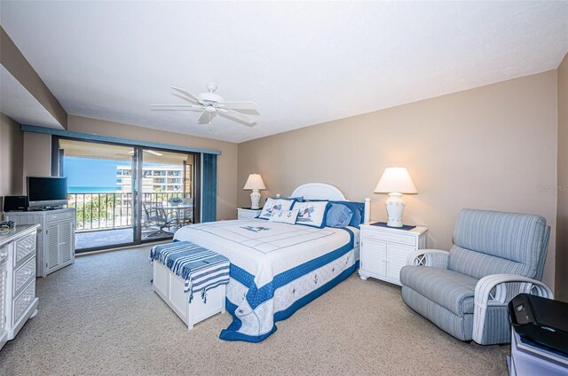 bedroom with ceiling fan, light colored carpet, and access to exterior