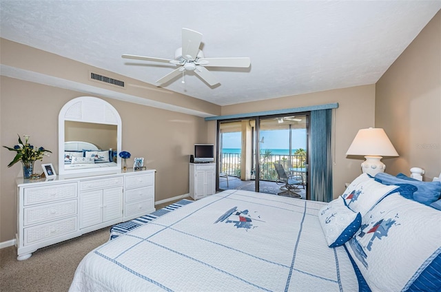 bedroom with visible vents, a ceiling fan, access to outside, carpet, and baseboards