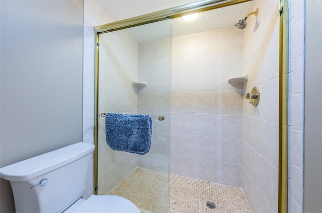 full bathroom featuring toilet and a shower stall