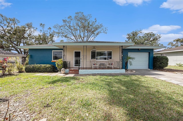 ranch-style house with an attached garage, driveway, a porch, and a front yard