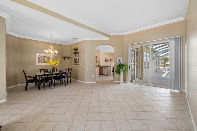 dining area with ornamental molding, visible vents, baseboards, and light tile patterned floors