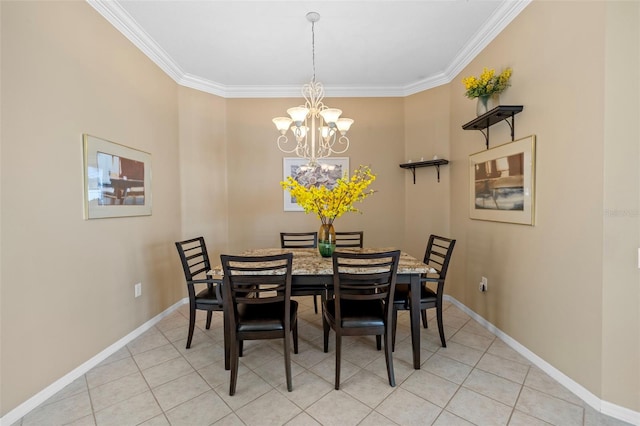 dining space with crown molding, a notable chandelier, baseboards, and light tile patterned floors