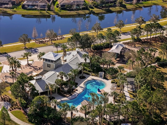 aerial view with a water view and a residential view