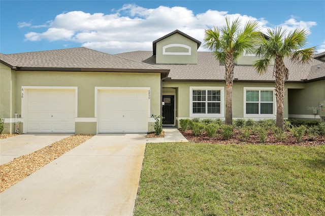 view of front of home featuring a shingled roof, concrete driveway, an attached garage, a front lawn, and stucco siding