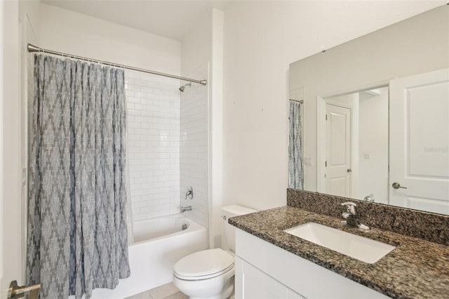 bathroom featuring shower / bathtub combination with curtain, toilet, and vanity