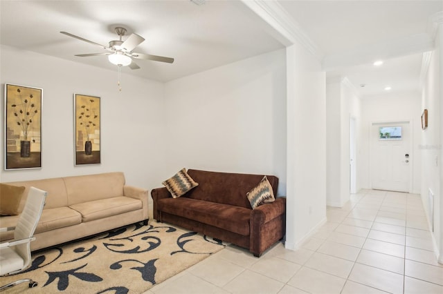 living room with baseboards, ceiling fan, ornamental molding, light tile patterned flooring, and recessed lighting