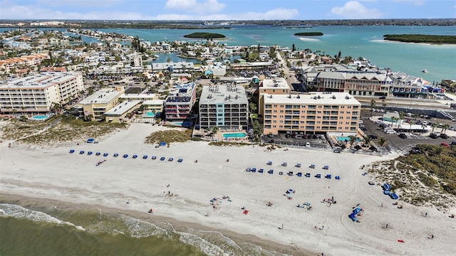 drone / aerial view with a view of city and a water view