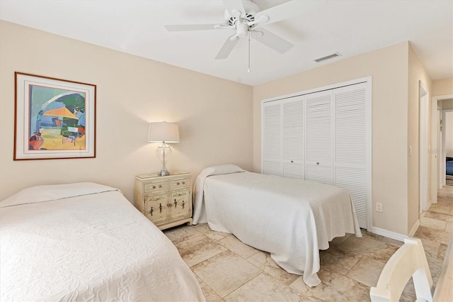 bedroom featuring a closet, visible vents, ceiling fan, and baseboards