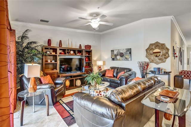 living area featuring ornamental molding, visible vents, and light tile patterned floors