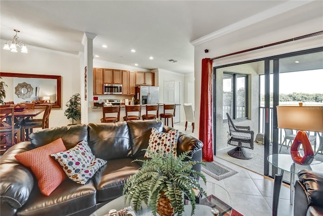 living area featuring visible vents, ornamental molding, light tile patterned flooring, a chandelier, and recessed lighting