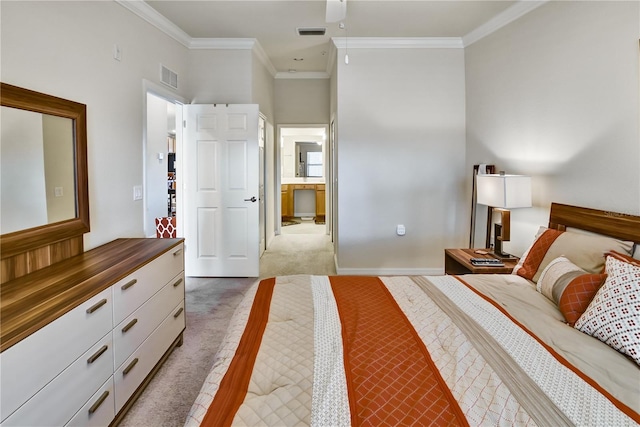 bedroom featuring ornamental molding, carpet flooring, visible vents, and baseboards