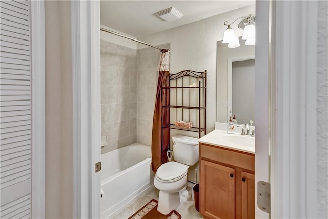 bathroom featuring tile patterned flooring, toilet, shower / tub combo, vanity, and visible vents