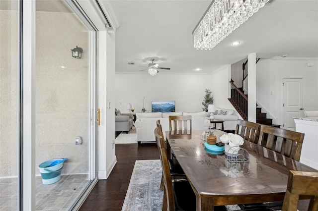 dining room featuring recessed lighting, a ceiling fan, stairs, ornamental molding, and dark wood finished floors