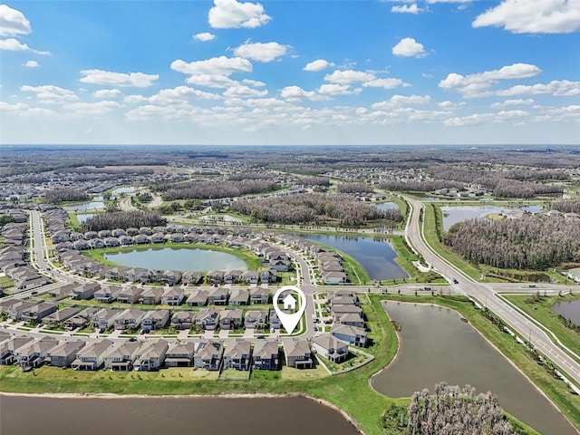 aerial view featuring a residential view and a water view