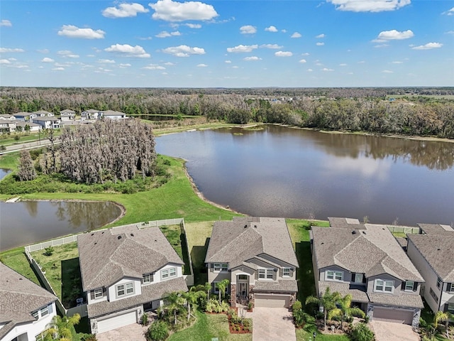 bird's eye view featuring a water view and a residential view