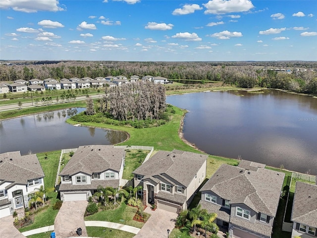 drone / aerial view featuring a water view and a residential view