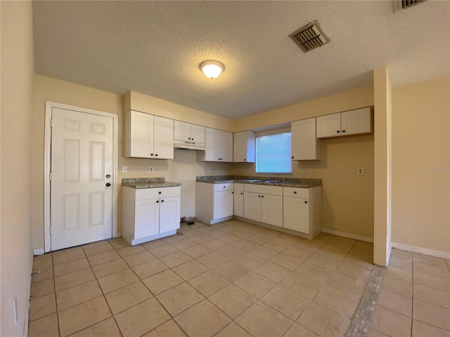 kitchen featuring visible vents, baseboards, white cabinets, a textured ceiling, and a sink