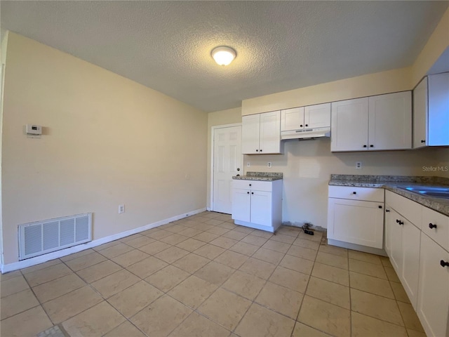 kitchen featuring visible vents, a sink, under cabinet range hood, a textured ceiling, and white cabinetry