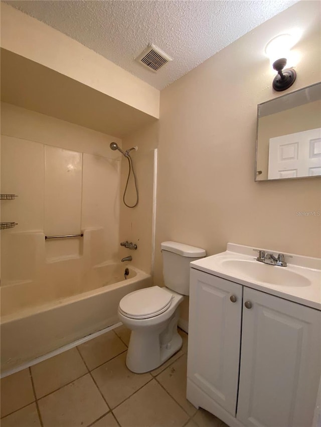 bathroom with visible vents, toilet, a textured ceiling, tile patterned flooring, and shower / bath combination