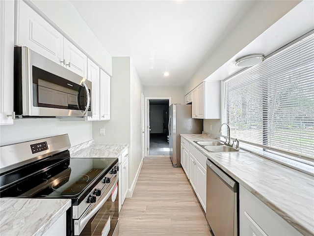 kitchen with light wood-style flooring, stainless steel appliances, a sink, white cabinetry, and baseboards