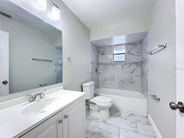 full bathroom featuring visible vents, toilet, shower / tub combination, marble finish floor, and vanity