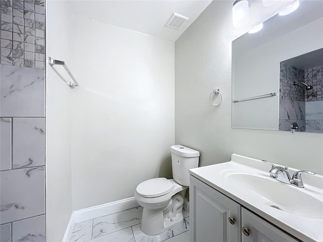 full bath featuring marble finish floor, visible vents, toilet, vanity, and baseboards