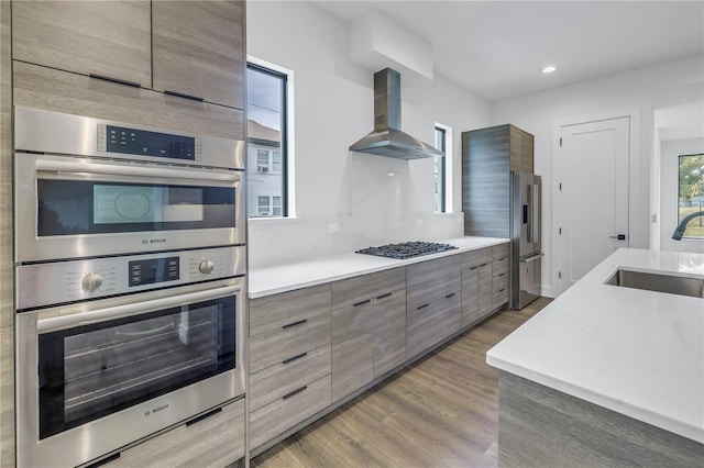 kitchen with range hood, appliances with stainless steel finishes, light countertops, and a sink