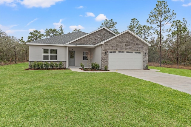 ranch-style house featuring driveway, stone siding, an attached garage, a front yard, and stucco siding