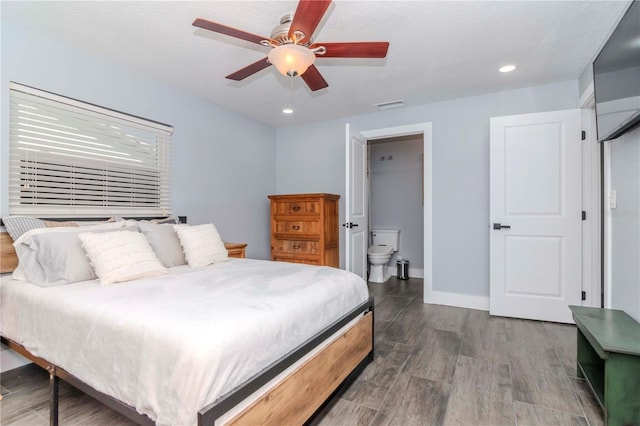 bedroom featuring visible vents, baseboards, recessed lighting, wood finished floors, and a ceiling fan