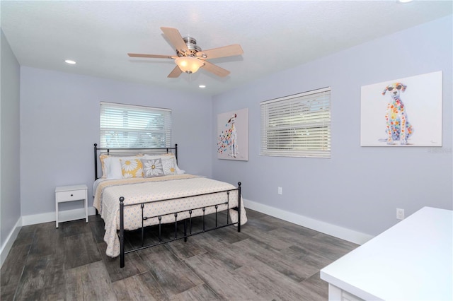 bedroom with recessed lighting, wood finished floors, baseboards, and ceiling fan