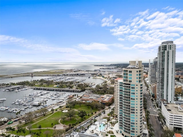 bird's eye view with a view of city and a water view